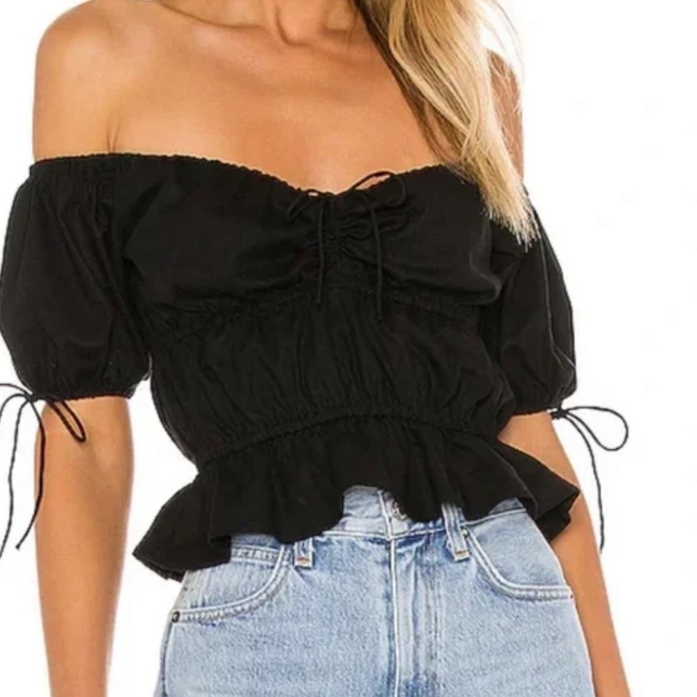 Revolve / Majorelle - Hearst Black Linen Off The Shoulder Peasant Top - Sz M